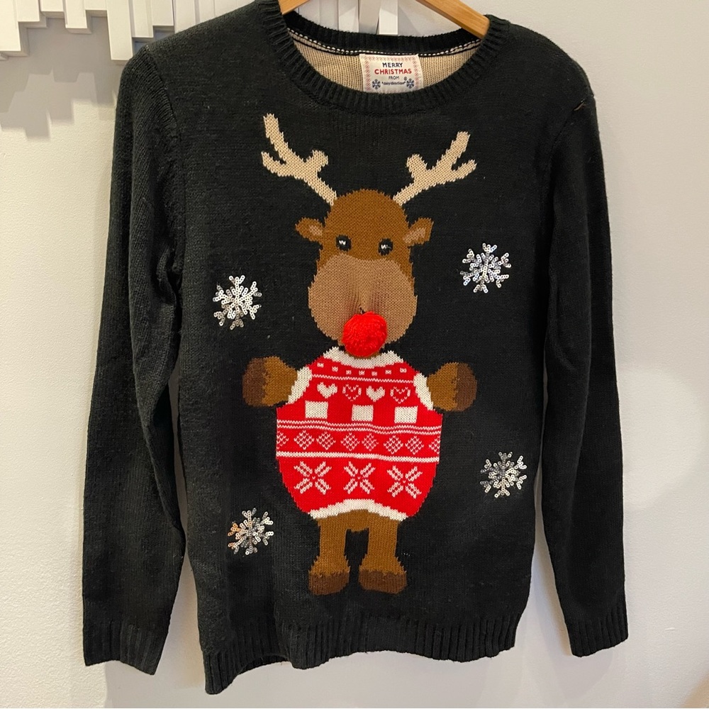 Reindeer Double Sided holiday sweater - 3D pom pom nose, sequin snowflakes